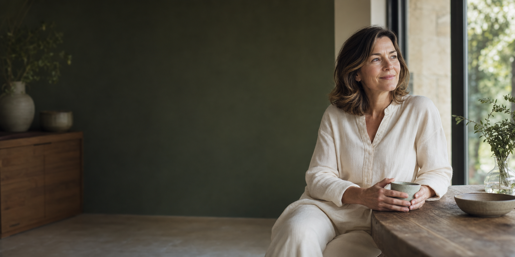 Woman relaxing in a warm, green-toned interior