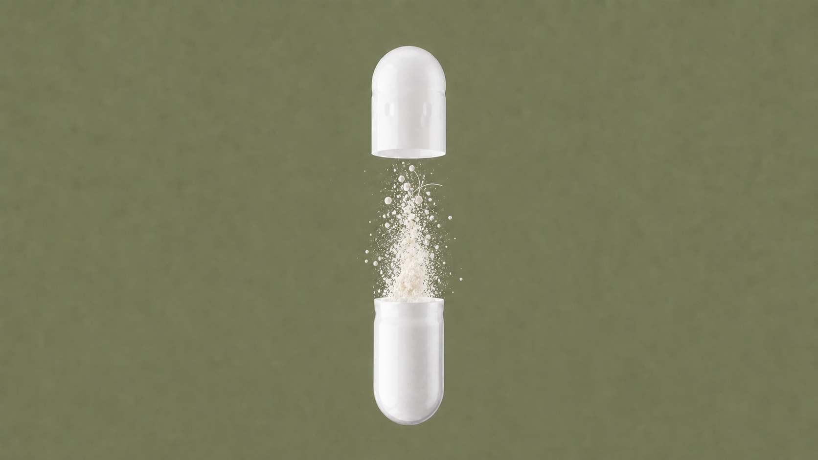 Open capsule with a plume of supplement powder
